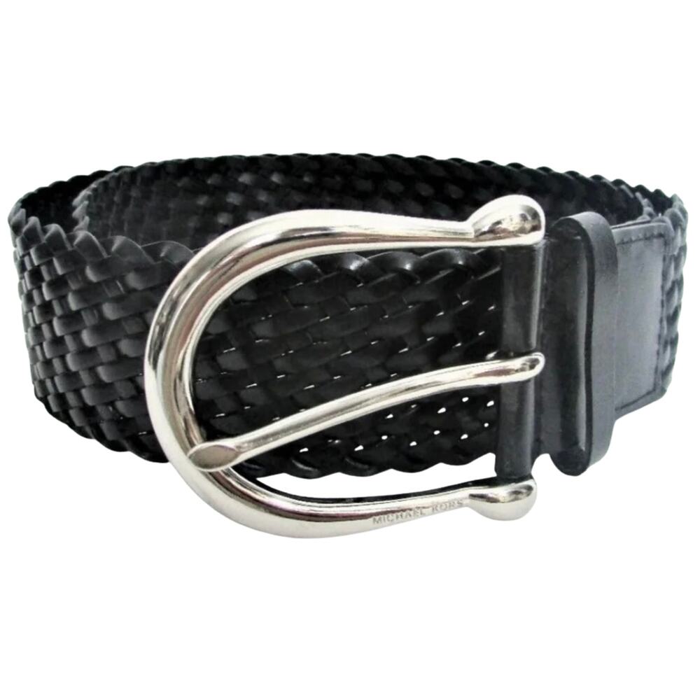 Michael Kors Braided Woven Leather Belt Black Silver Buckle Sz Medium